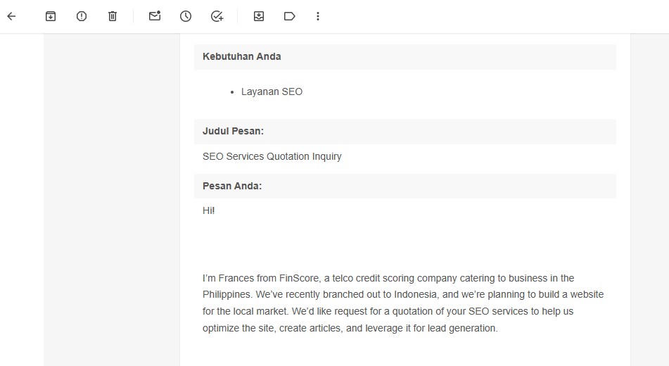 Contoh email permintaan layanan seo dari Clutch
